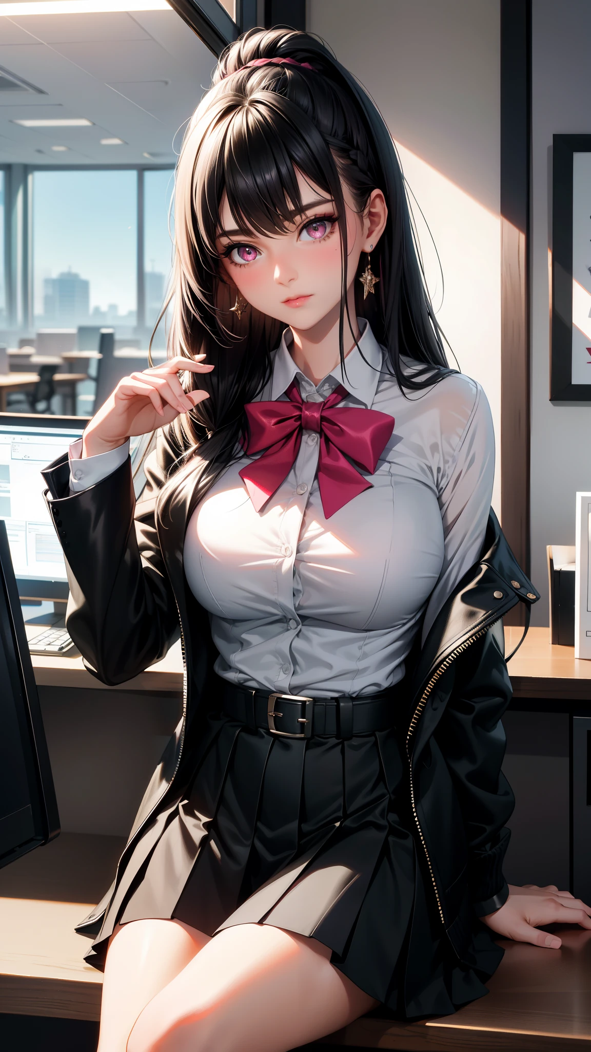 (*****, top-quality, 8K, masterpiece, Top image quality, Hi-Res, super detailing, Ultra HD, (Delicate and smooth skin, real looking skin, Perfect and beautiful face ,Perfect and cute face, high detail skin, Perfect limbs)), girl , black choker , black hair , black thighhighs , blonde hair , blue eyes , blushing, in classroom , cleavage , collarbone , crossed bangs , dangle earrings , gyaru , hair between eyes , hair intakes , indoors , jewelry , lace-trimmed bra , large breasts , long hair , looking at viewer , multicolored hair , nail polish , parted lips , partially unbuttoned , pleated skirt , red bra , red nails , ring , school uniform , shirt tucked in , single earring , leaning on desk , skindentation , sleeves rolled up , smile , solo , streaked hair , thick thighs , two-tone hair , underwear , v sign over mouth , very long hair , white shirt , yellow pupils