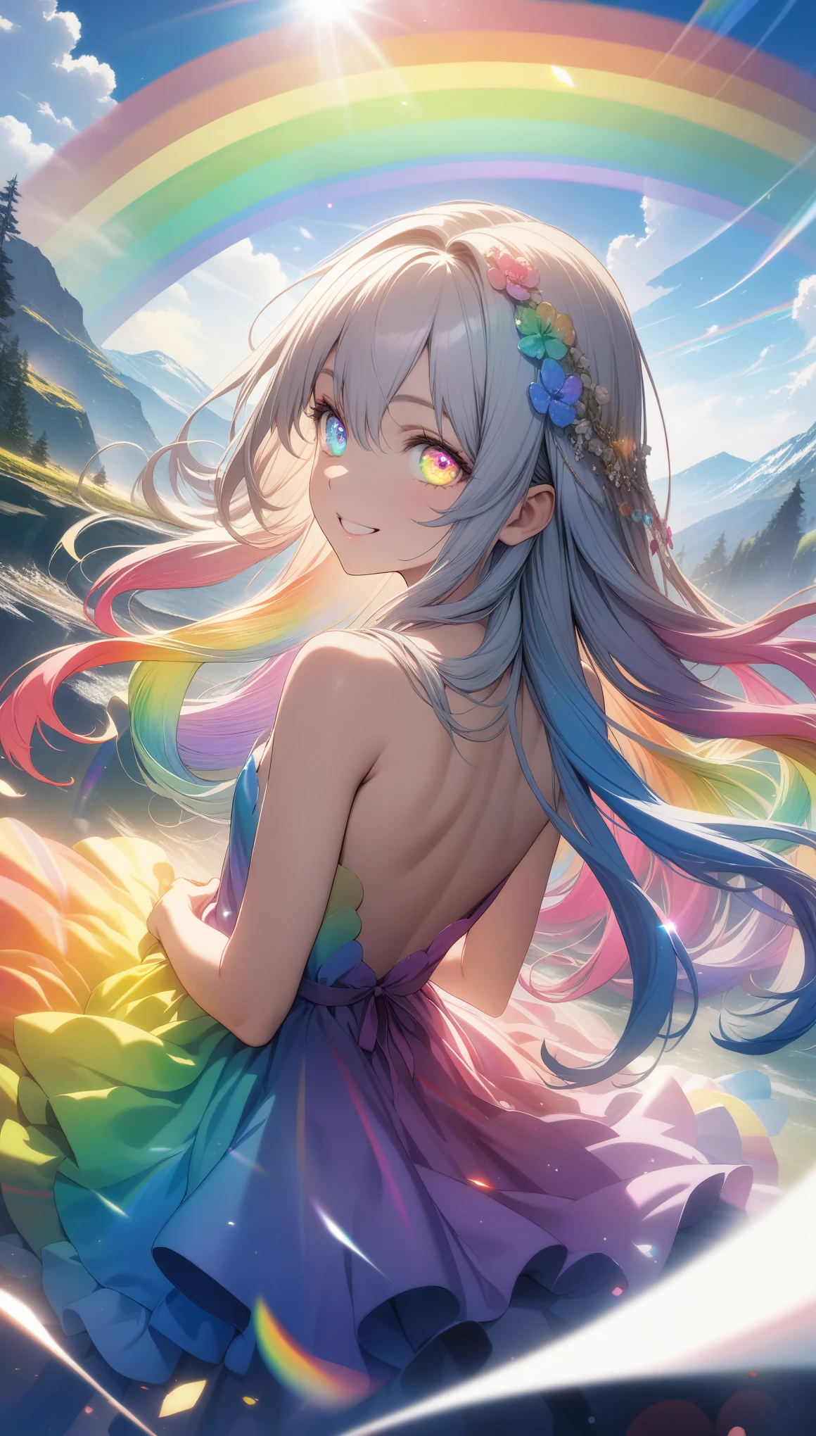 32k, best quality, ultra high res, HDR, UHD, extremely detailed CG, unity 32k wallpaper, (((🌈))), (((masterpiece))), (((best quality))), (((ultra-detailed))), (((illustration))), (((an extremely delicate and beautiful))), (((beautiful eyes))), (((back))), (((circle rainbow))), girl, (((rainbow dress))), (((happy smile))), (((rainbow long hair))), (((rainbow eyes))), 