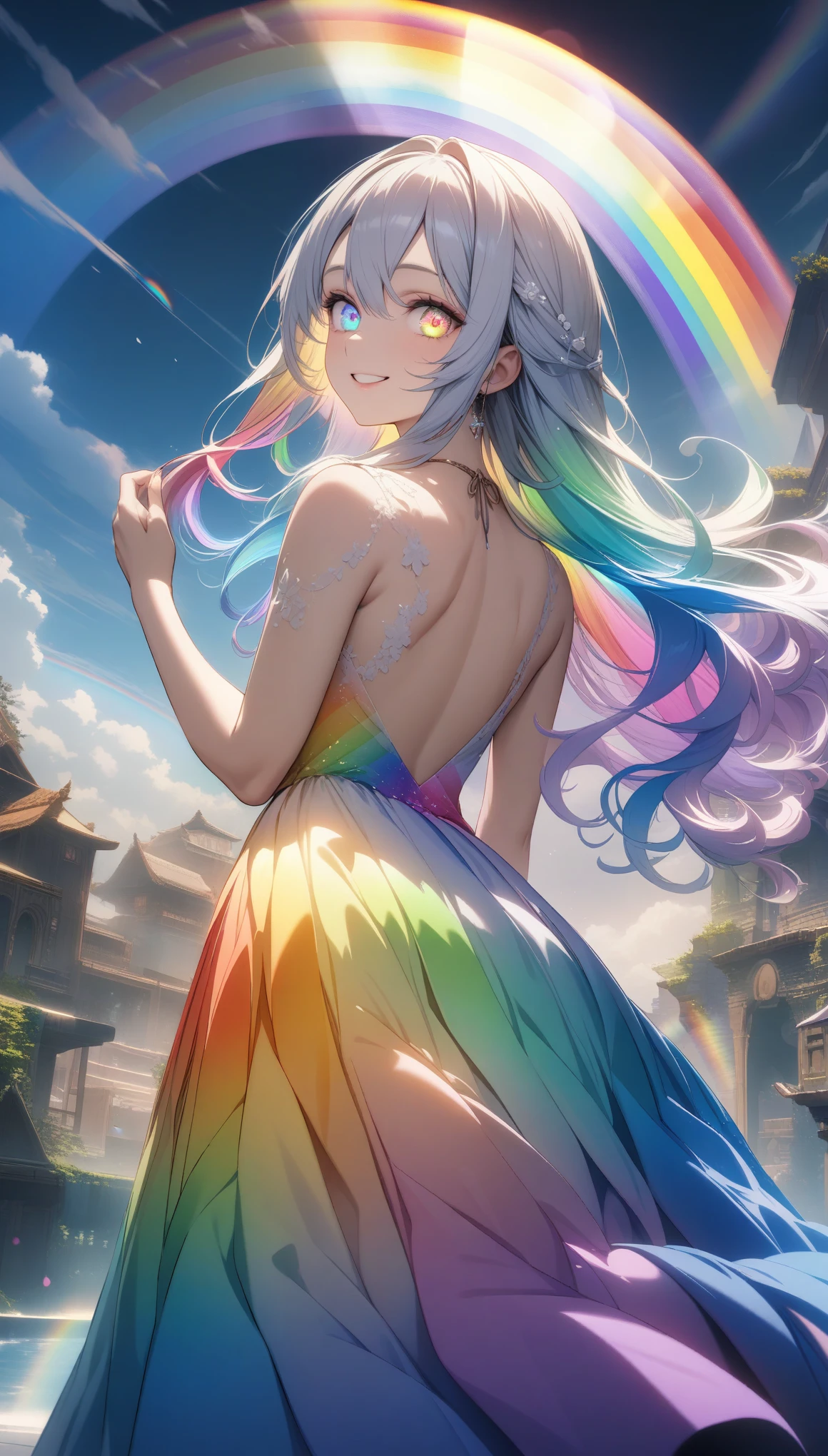 32k, best quality, ultra high res, HDR, UHD, extremely detailed CG, unity 32k wallpaper, (((🌈))), (((masterpiece))), (((best quality))), (((ultra-detailed))), (((illustration))), (((an extremely delicate and beautiful))), (((beautiful eyes))), (((back))), (((circle rainbow))), girl, (((rainbow dress))), (((happy smile))), (((rainbow long hair))), (((rainbow eyes))), 