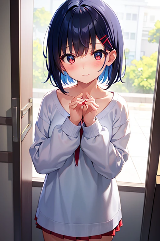 NFSW、masterpiece、Highest image quality、ultra high resolution、Medium-sized elementary school girl、black short hair、The inside of the hair has blue coloring.、(Two red hairpins)、red face、shyly、excited、((hide your face with your hands))