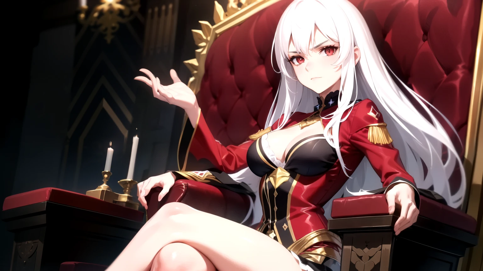 Woman standing on a throne, ((White hair)), Long wavy hair, ((Crimson red eyes)), rebel attitude, royal bloodline, slightly formal looking, sensual sight, medium breasts, high shot, (face visible), 4k, masterpiece, (((25-year-old))), (realistic), ((ultra high quality)),red uniform, serious pose, vibrant colors, magical glow, anime style, high resolution, realistic rendering, white hair, in her early twienties, red eyes, realistic, sitting on a throne inside the throne room, cute girl, big chest, c cups, crossed legs,