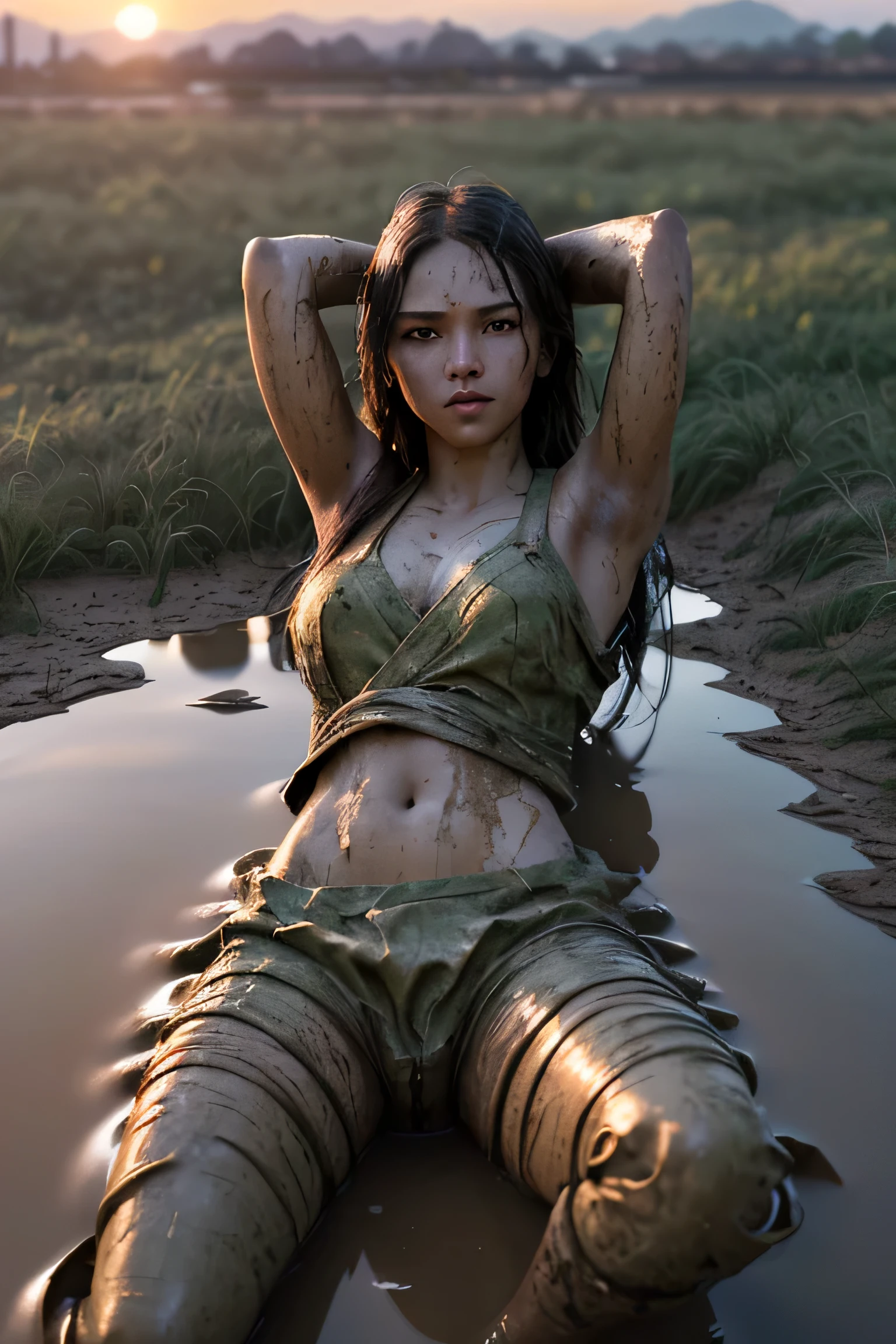 (masterpiece), (very complicated:1.3), (realistic), girl portrait, lying on her back floating on the surface of the mire, (dynamic perspective), the most beautiful in the world, (clothes covered with mud), from above, upper body, navel, outdoor, intense sunlight, distant factory group, Kure, Hiroshima, Stunning female professional photo details, sharp focus, dramatic, Award history, cinematic lighting, Octane Rendering Unreal Engine, volumetrics dtx, (film grain, blurred background, blurred foreground, Bokeh, Depth of the bounds written, sunset, motion blur:1.3)