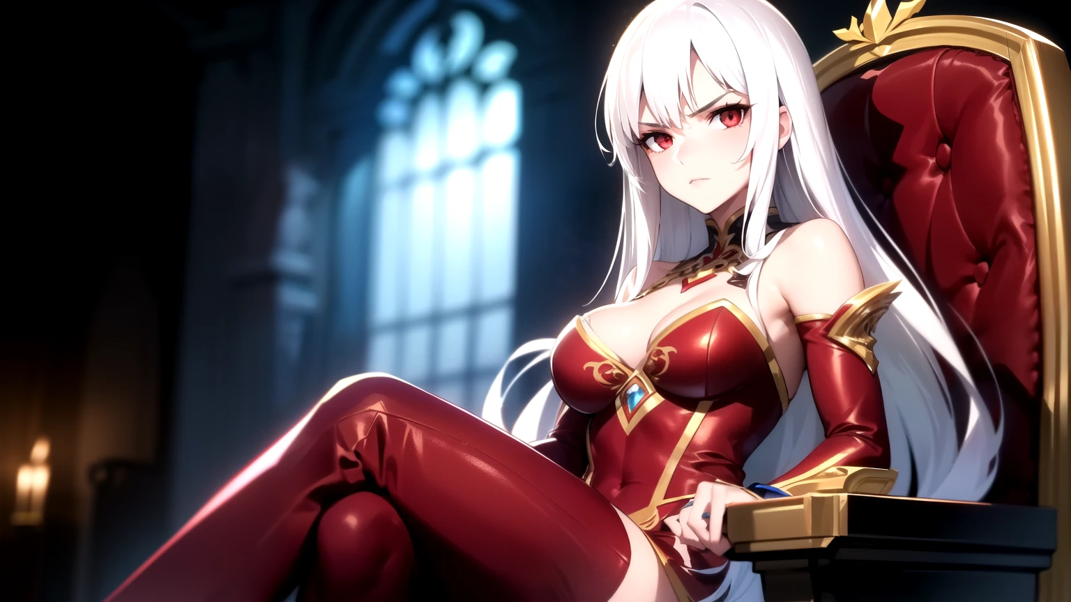 Woman standing on a throne, ((White hair)), Long wavy hair, ((Crimson red eyes)), rebel attitude, royal bloodline, slightly formal looking, sensual sight, medium breasts, high shot, (face visible), 4k, masterpiece, (((25-year-old))), (realistic), ((ultra high quality)),red uniform, serious pose, vibrant colors, magical glow, anime style, high resolution, realistic rendering, white hair, in her early twienties, red eyes, realistic, sitting on a throne inside the throne room, cute girl, big chest, c cups, crossed legs,