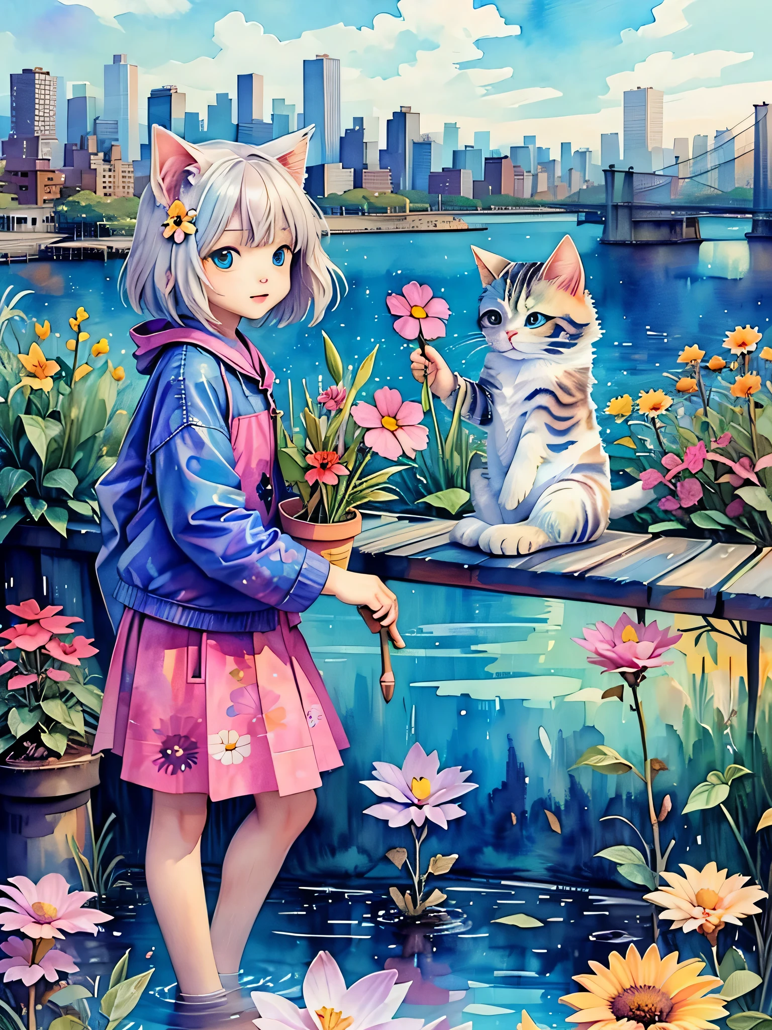 8K quality, Takashi murakami&#39;illustration of, intense watercolor, watercolor detailed art, watercolor splash, surreal, avant-garde pop art, Beautiful and expressive paintings, beautiful artwork illustration of, very colorful tones, wonderful, cool beauty, highest quality,official art, vector art,stylish design, (((1 cute kitten))), (((highest quality))), HDR, ((Detailed details)), (((graffiti art))), ((masterpiece))、((Super detailed))、(((colorful flowers)))、(((new york cityscape)))