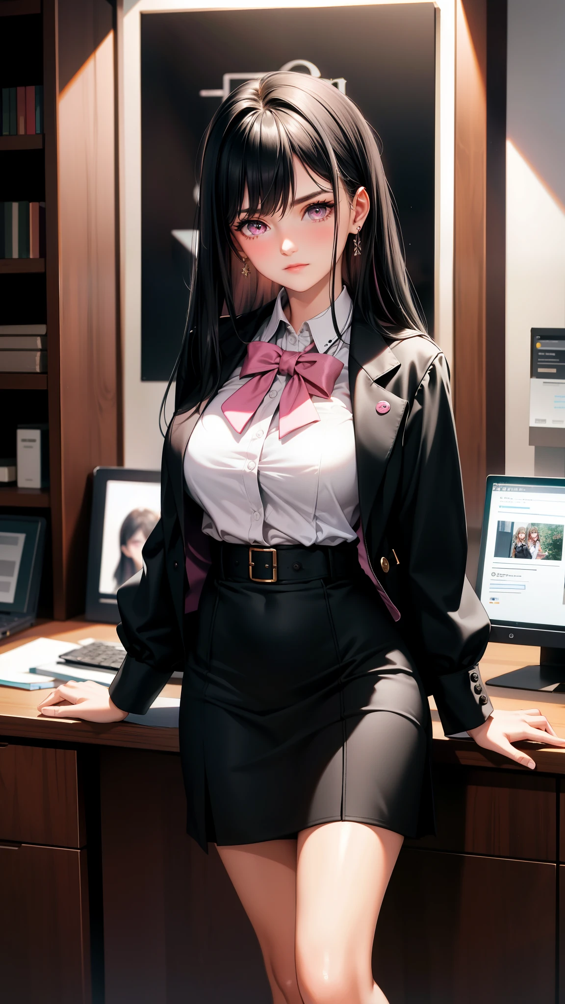 Anime girl in a short skirt and a bow tie posing for a picture - SeaArt AI