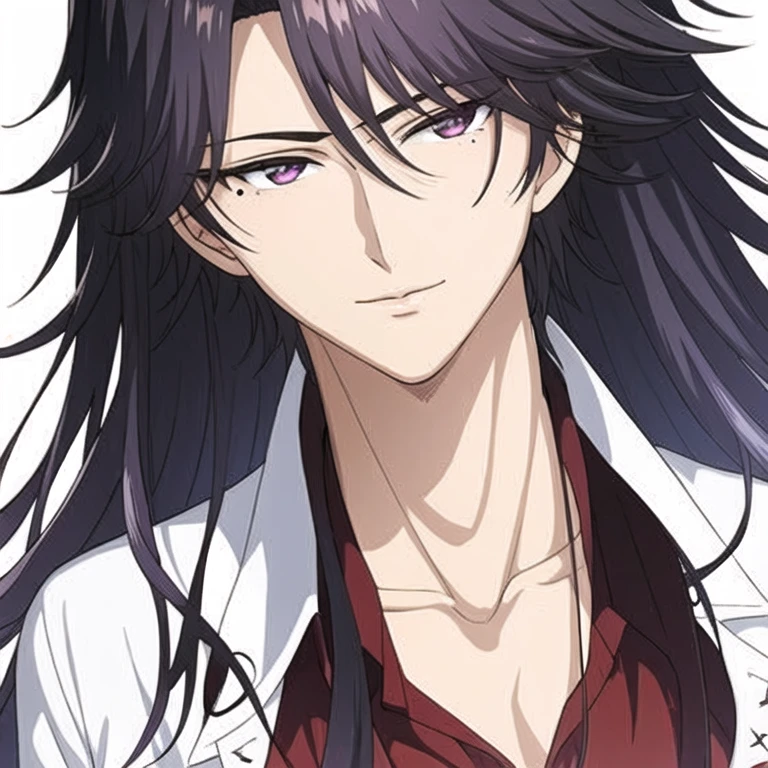 (masterpiece, best quality:1.2), 1 boy, alone, male focus, Dark purple gray hair(Hair parted in the middle,The ends of the hair are slightly upturned),(Tear mole at the corner of the left eye),confidence