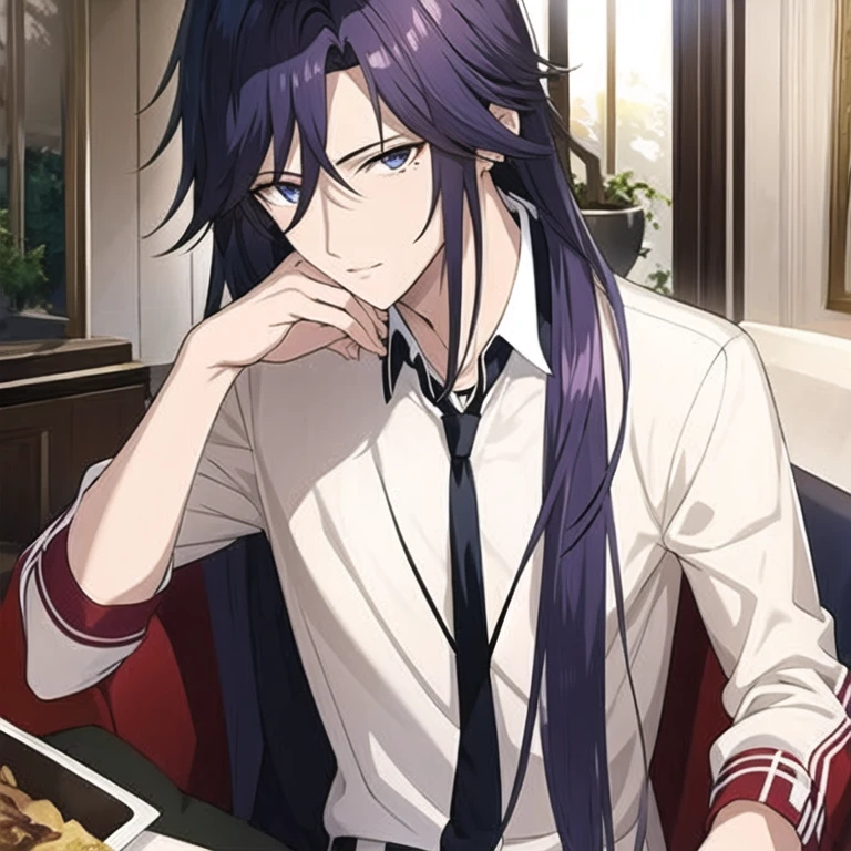 (masterpiece, best quality:1.2), 1 boy, alone, male focus, Dark purple gray hair（Hair parted in the middle，The ends of the hair are slightly upturned），（Tear mole at the corner of the left eye），confidence