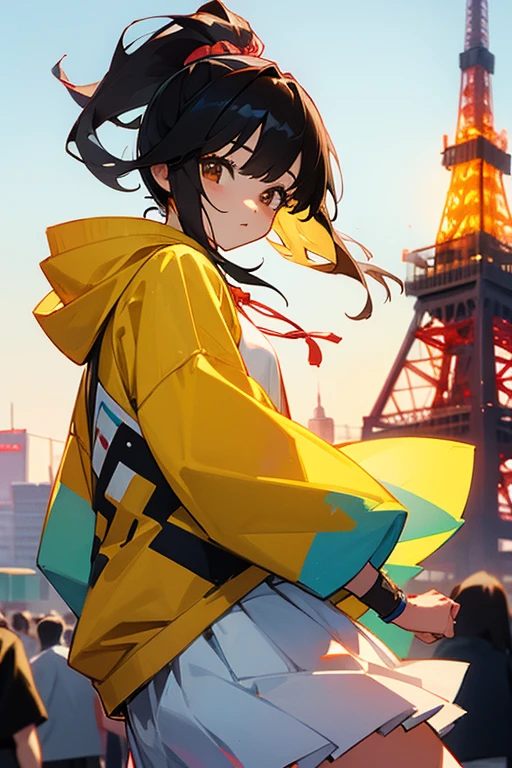 Summer festival、1 female、cute、black hair、 hoodie white、skirt yellow、beautiful、Snazzy、Tokyo Tower Background、