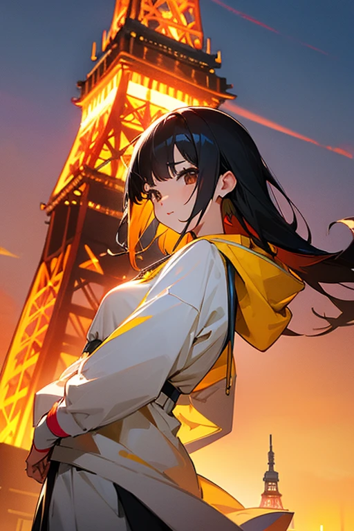 Summer festival、1 female、cute、black hair、 hoodie white、skirt yellow、beautiful、Snazzy、Tokyo Tower Background、