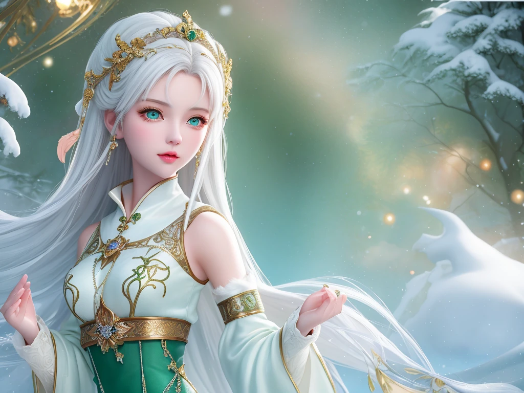 retro style fantasy, masterpiece, magnificent art, best quality, 1 girl, Closeup girl nordic princess, scandinavian mountains, winter weather, Symmetrical and ultra-detailed face, Skin as smooth as peach silk, Vibrant and aggressive green eyes, Waist-length white hair is messy, sculptural body, (spark: 0.7), Adobe illustration, Trand on Artstation, 8K, HD, 超HD, Cold light and soft lighting, --q 500 --s 100, -