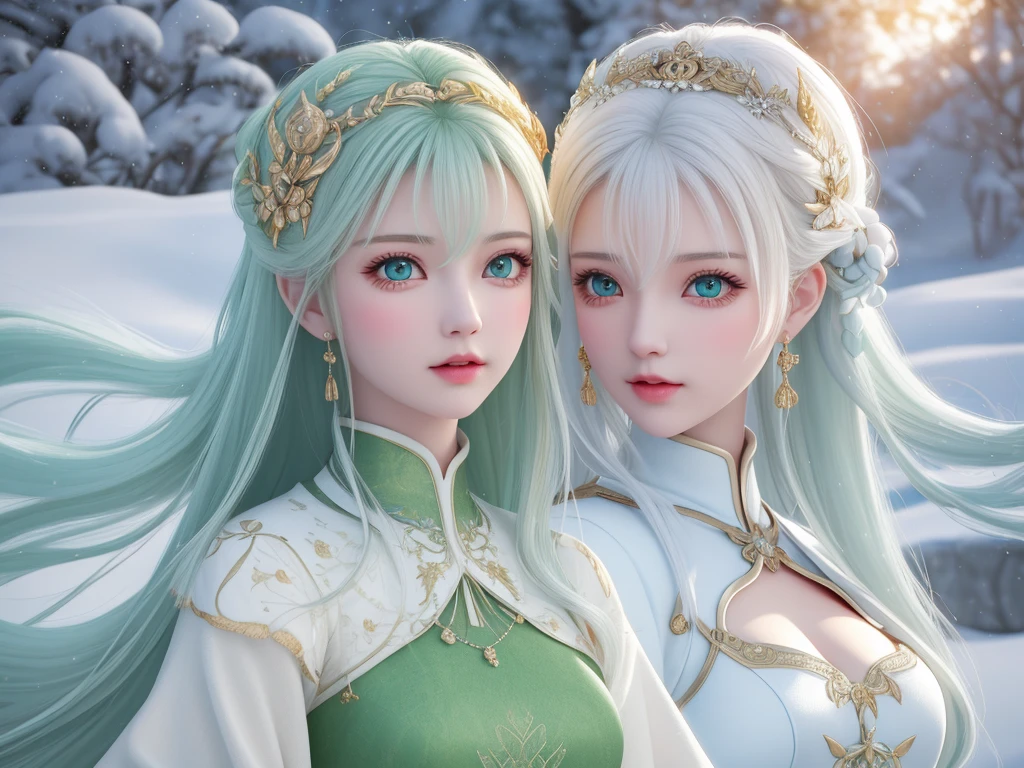 retro style fantasy, masterpiece, magnificent art, best quality, 1 girl, Closeup girl nordic princess, scandinavian mountains, winter weather, Symmetrical and ultra-detailed face, Skin as smooth as peach silk, Vibrant and aggressive green eyes, Waist-length white hair is messy, sculptural body, (spark: 0.7), Adobe illustration, Trand on Artstation, 8K, HD, 超HD, Cold light and soft lighting, --q 500 --s 100, -