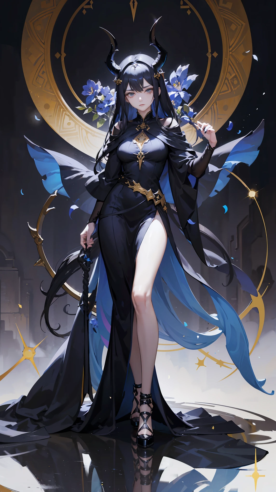 Seven Rhaeyar (Deylta), Ancient Star goddess, Perfect female anatomy (Adult Female, 166cm in height, pale skin, slim, slender, 34D breast size, Gray Eyes, Long Black Hair, Beauty Mark Mole on right cheek bone, a set of black horns on her head), Neutral facial expression, Elegant white, black and blue dress female uniform dress with gold and rope accessories and dragon motifs, Black background, receiving light from the front, Ethereal glow, blue petals