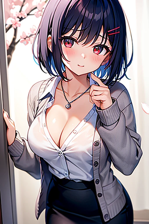 NFSW、masterpiece、Highest image quality、ultra high resolution、Medium-sized elementary school girl、red and large eyes,、black short hair、The inside of the hair has blue coloring.、(Two red hairpins)、red face、shyly、excited、((Wear a grey cardigan))、White shirt with cleavage visible、pencil skirt、Sensual gravure idol、seductive pose、poses that invite sex、Cherry blossom trees、The petals are dancing
