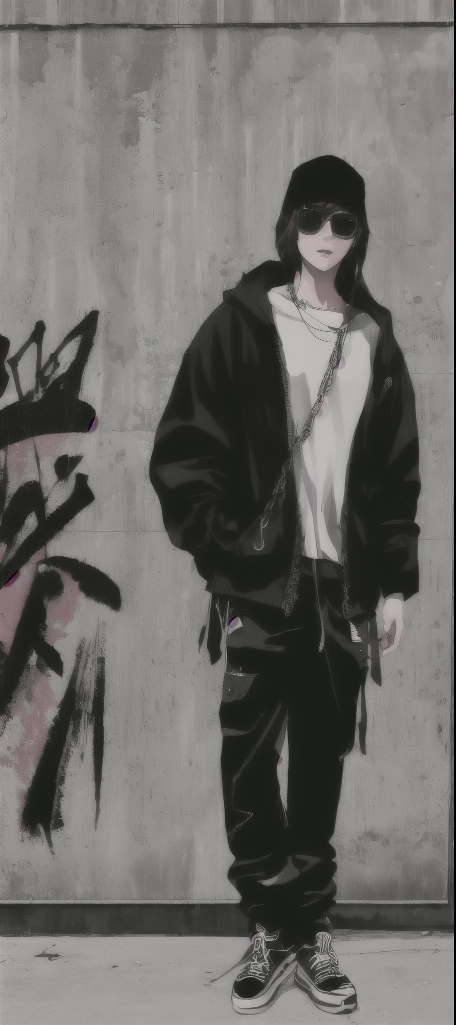 90s style tall thug gangsta, swagger arrogant haughty female, , saggy creased baggy stylish hip hop hoodie intimidating eyes, glossy lips, sunglasses detailed facial features, dark contrast graffitied urban background, long chain necklace, multiple gold bracelets, tattoos, street swagger, confident pose, dark shadows, high contrast, urban fashion style, realistic street art, bold brush strokes, dynamic composition, highres, masterpiece:1.2, ultra-detailed, , HDR, studio lighting