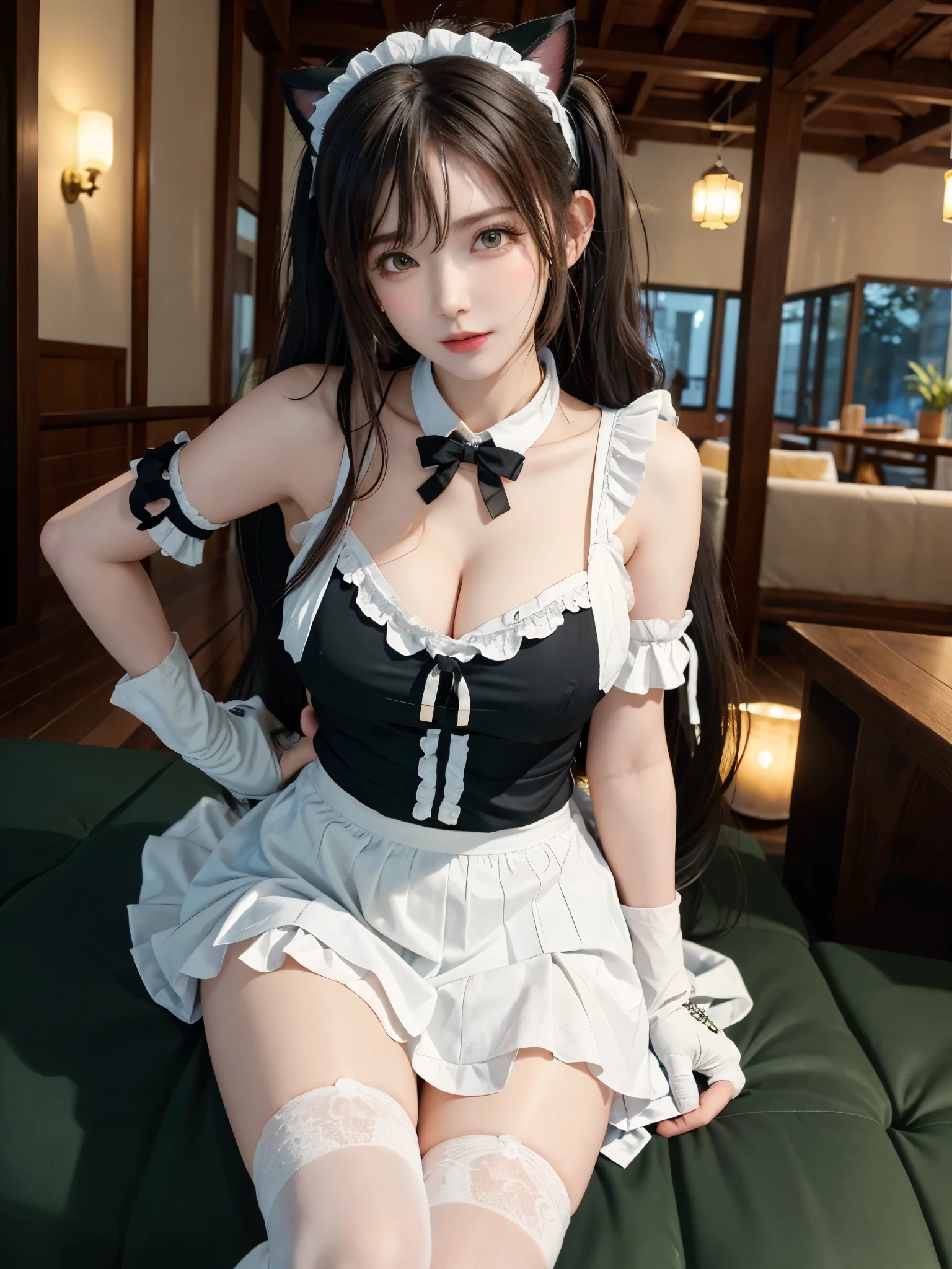 (Masterpiece, Top Quality, Best Quality, Official Art, Beauty & Aesthetics: 1.2), hdr, high contrast, wide angle lens, 1girl, solo, long hair, green hair, bangs, looking at viewer, relaxed expression, obvious golden eyes, long light eyebrows, soft makeup, gradient lips, big breasts, hourglass figure, long fingers, realistic illustrations, (Soothing tone: 1.3), (Super detailed: 1.2), Daytime, restaurant background, privatymaid, twintails, very long hair, cat ears, maid headdress, hairclip, cleavage, neck bell, bow, maid apron, white gloves, elbow gloves, garter straps, white thighhighs,