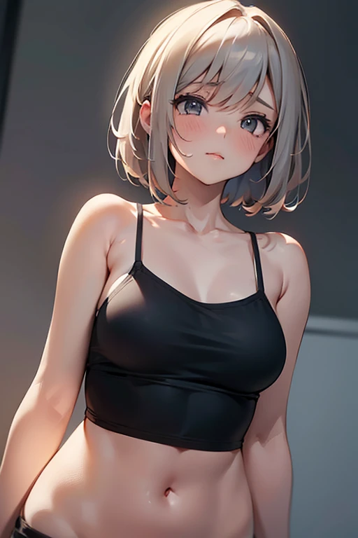 1girl,solo,retina,masterpiece, Awards, high quality, High resolution, HD, 4K,8K,high quality, rough skin,breast focus,depth of field,(line drawing:1.1),(large breasts:1.3),faint smile,oily skin,Relative to the girl,underside of breasts,(mochi shaped breasts:1.2),(closeup upperbody:1.5),white clothe,(perfect breasts from below:1.1),perspective,baby face,(short height,petite:1.3),camisole,,(from directly in front:1.3)