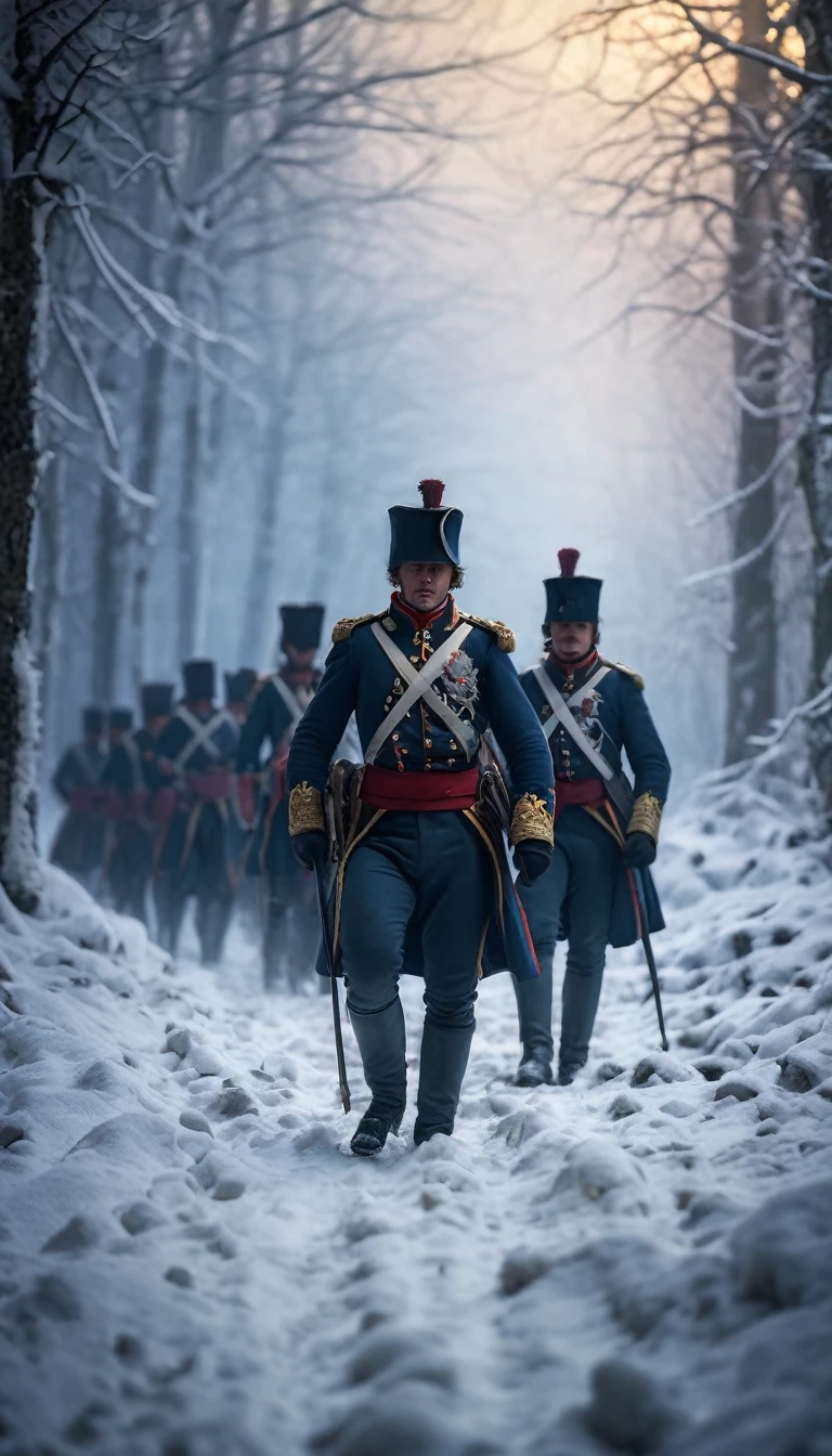 Illustrate Napoleon's troops trudging through snow-covered landscapes, struggling against the harsh winter conditions, background dark, hyper realistic, ultra detailed hyper realistic, photorealistic, Studio Lighting, reflections, dynamic pose, Cinematic, Color Grading, Photography, Shot on 50mm lens, Ultra-Wide Angle, Depth of Field, hyper-detailed, beautifully color, 8k