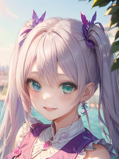 小さなgirl、The arrival of spring、big ass、 (alone:1.5,)Super detailed,bright colors, very beautiful detailed anime face and eyes, look straight, ;d, shiny_skin,girl, ((long silver hair,The inner color is red 、forehead is exposed.、green eyes、、shiny hair, delicate beautiful face, blush、(turquoise eyes), White skin, Valletta, earrings,、blue flower field、(((pink 、purple mini skirt)))、twin tails、smile、smile、Face dyed red