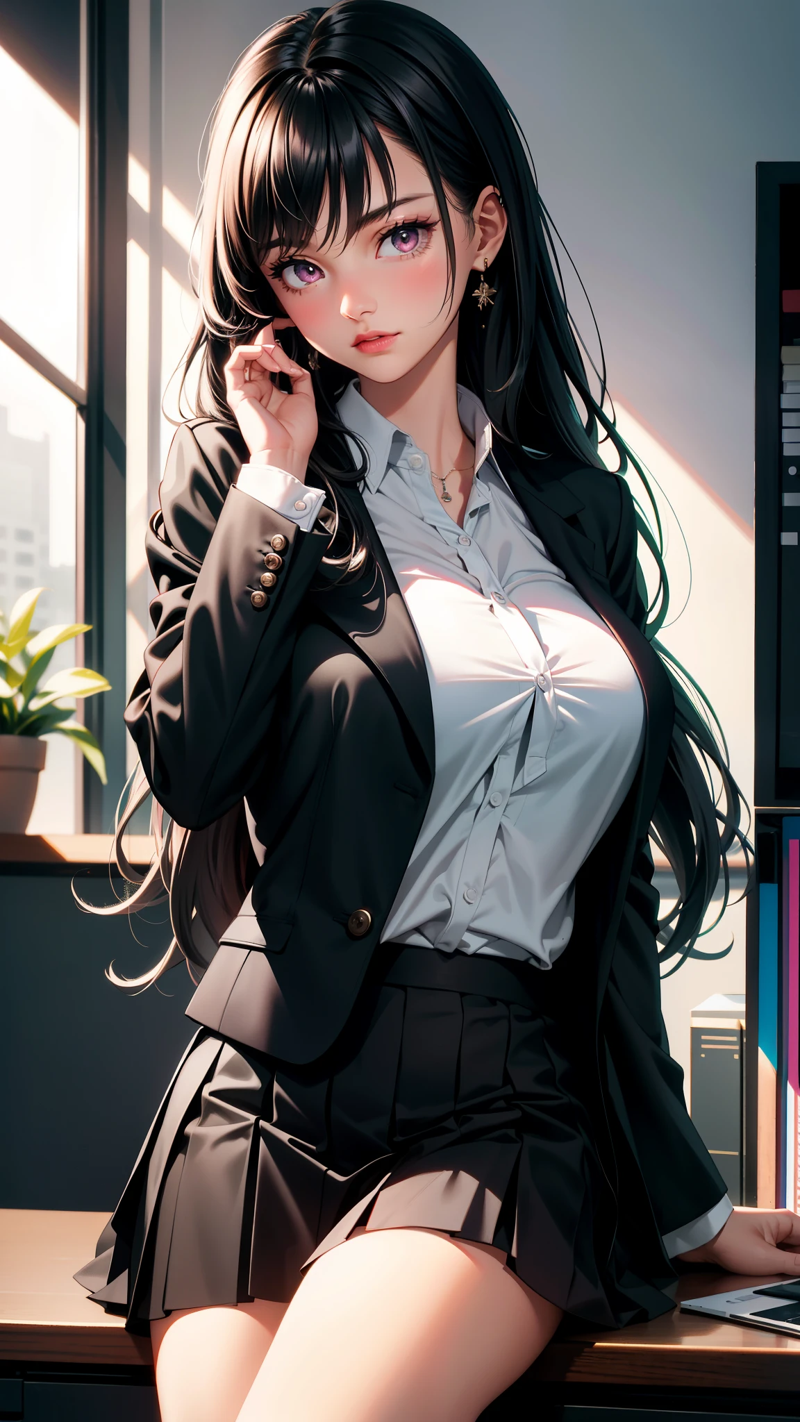 (best quality:1.1), (Masterpiece:1.2), High quality shadow, Beautiful details, Beautiful face, Detailed eyes, depth of field, High resolution, best shadow, best lighting, 1 girl, see viewers, black hair, smooth, blunt, long hair, pink eyes, shy, big breasts, black short skirt, Women's blouses, fashion suit jacket, pump, office woman,rift, office background