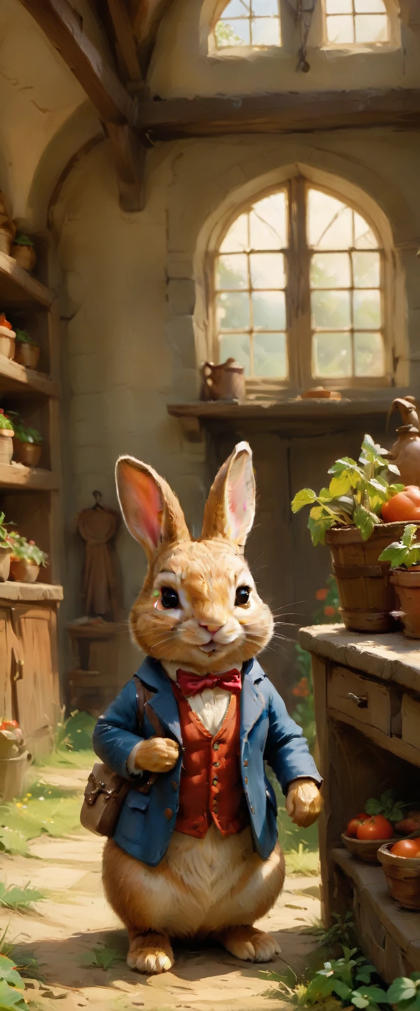 cinematic film still Photo Peter Rabbit Beatrix Potter . By Henry Cavill, Chibi style, cartoonish, they are in a rural school, landscape of pastel colors.. Vibrant, beautiful, painterly, detailed, textural, artistic . shallow depth of field, vignette, highly detailed, high budget, bokeh, cinemascope, moody, epic, gorgeous, film grain, grainy