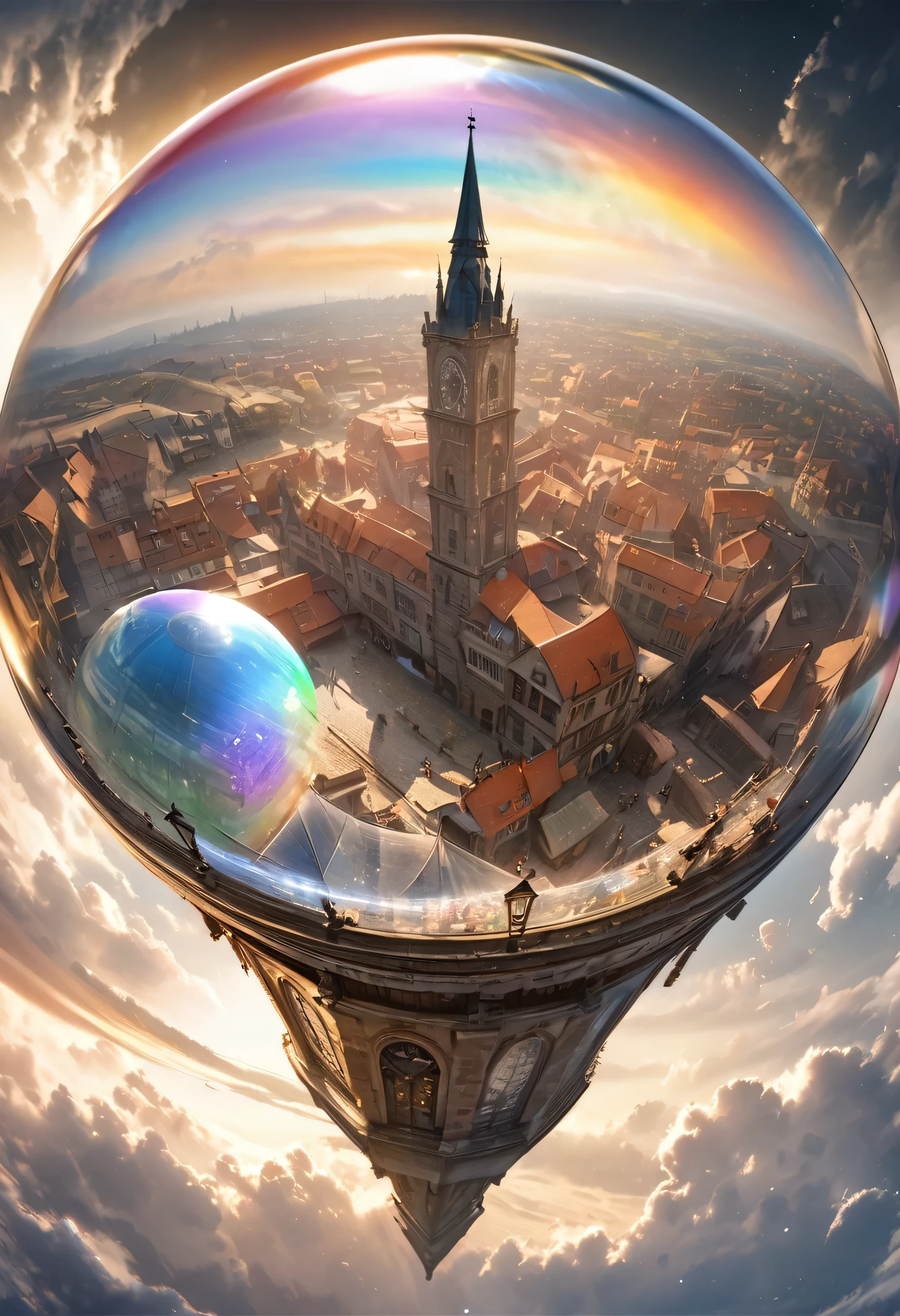 best quality, Ultra-fine, 16K, original photo, lifelike, Extremely ridiculous, Very detailed, A view of the medieval town from the top of a tall clock tower, Translucent rainbow sphere,sparkling center, Fantasy world images, Wonderful and mysterious