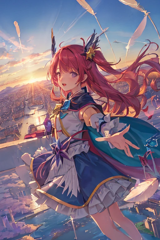 (Highest image quality, Masterpiece: 1.2),
Vivid colors, strong contrast,
(Magnificent Panoramic View: 1.3), Beautiful sunset and summer clouds
Magical girl flying in the sky, cute clothes with many decorations, cape on only one side of her clothes, 
(dynamic angles, dynamic poses: 1.2), fantasy,
Floating water droplets, bubbles, feathers, 