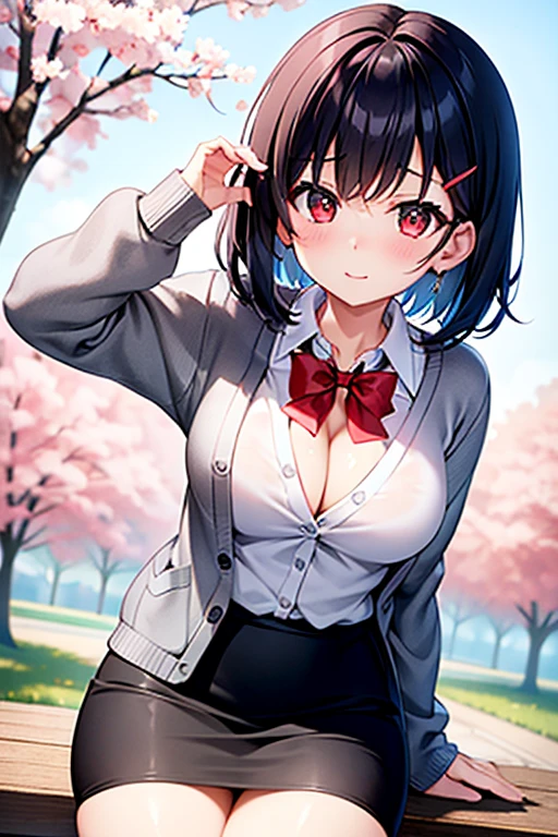 NFSW、masterpiece、Highest image quality、ultra high resolution、Medium-sized elementary school girl、red and large eyes,、black short hair、The inside of the hair has blue coloring.、(Two red hairpins)、red face、shyly、excited、((Wear a grey cardigan))、White shirt with cleavage visible、pencil skirt、Sensual gravure idol、seductive pose、poses that invite sex、Cherry blossom trees、The petals are dancing、In the park、squat