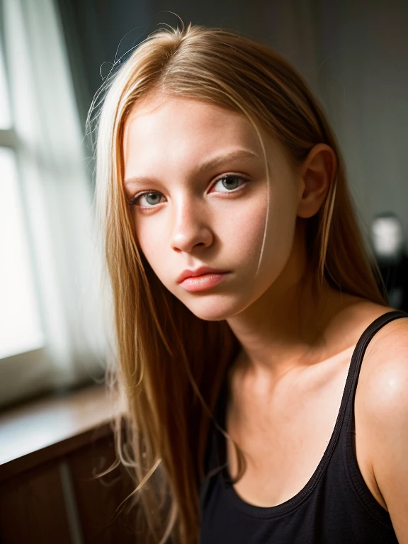 Portrait of an ugly 18-year-old age girl with an ugly face, Russisch, in nachthemd, pretty butt, sehr lange lockige haare, im Bett (dunkles privates Arbeitszimmer, dunkles, stimmungsvolles Licht: 1,2)