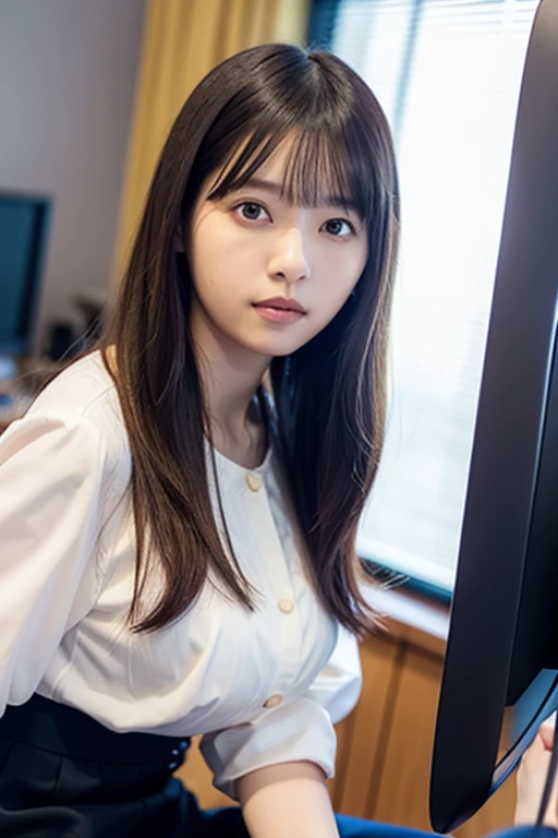 masterpiece, highest quality, 8k, 20th generation, Big Breasts, cute, alone, sad, cute, Girlish,cute 繊細な女の子, cute、Pure beauty, RAW Photos, Professional photography, Portraiture, Soft Light, Professional Lighting, Backlight, Upper Body, avert your eyes, Sophisticated, Film Grain, (Eye and facial details:1.0), Round face、Floating Hair, beautiful, Flowing hair, Asymmetrical bangs、(Big Breasts:1.0)、loose white blouse、Navy blue cardigan、You can see a little bit of her chest、Micro Mini Skirt、Exposed thighs、Voluptuous thighs、dolly make、Heterochromia iridis、Office at night、In front of the computer、sitting in an office chair、