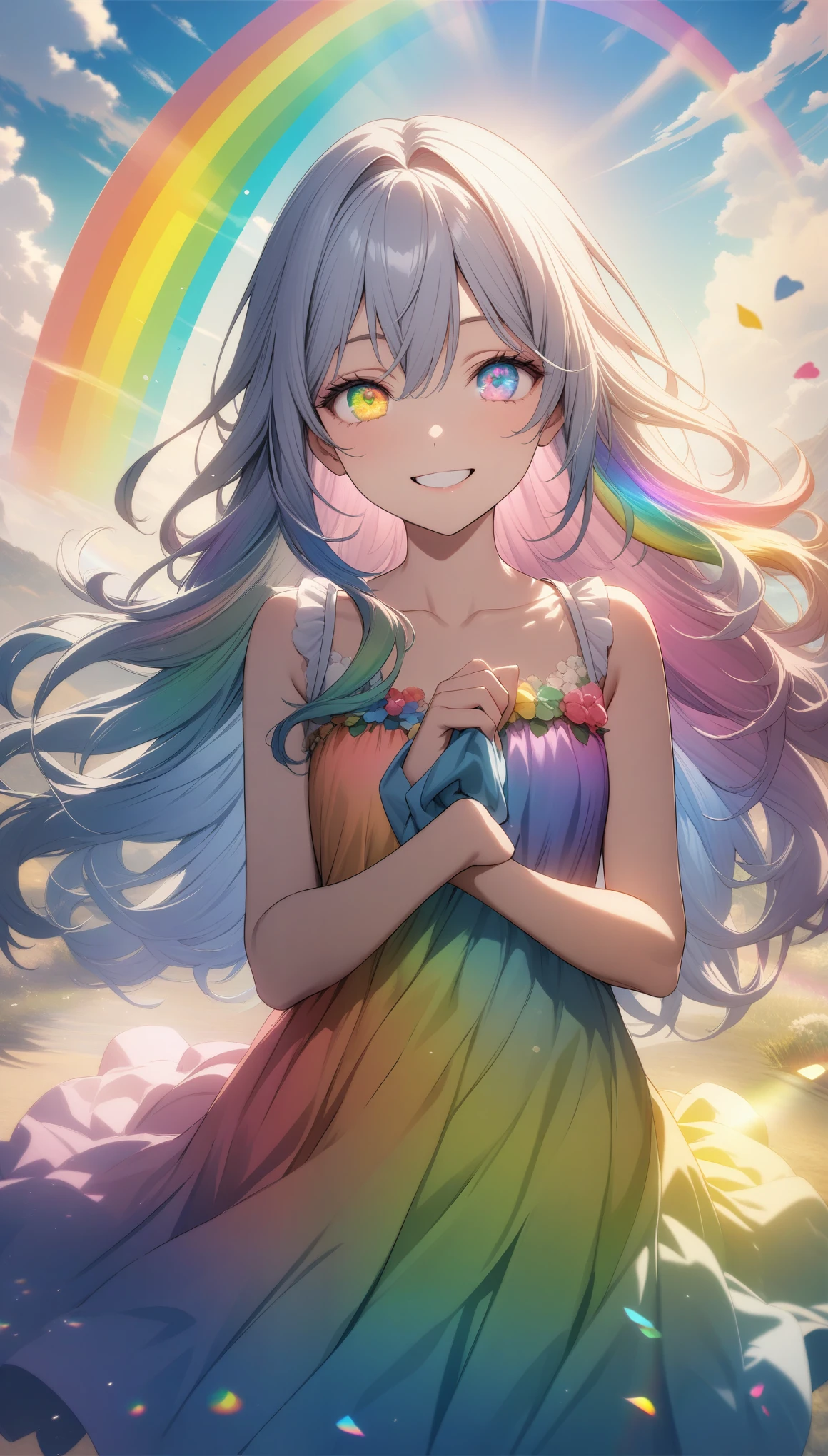 32k, best quality, ultra high res, HDR, UHD, extremely detailed CG, unity 32k wallpaper, (((🌈))), (((masterpiece))), (((best quality))), (((ultra-detailed))), (((illustration))), (((an extremely delicate and beautiful))), (((beautiful eyes))), (((circle rainbow))), girl, (((rainbow dress))), (((happy smile))), (((rainbow long hair))), (((rainbow eyes))),