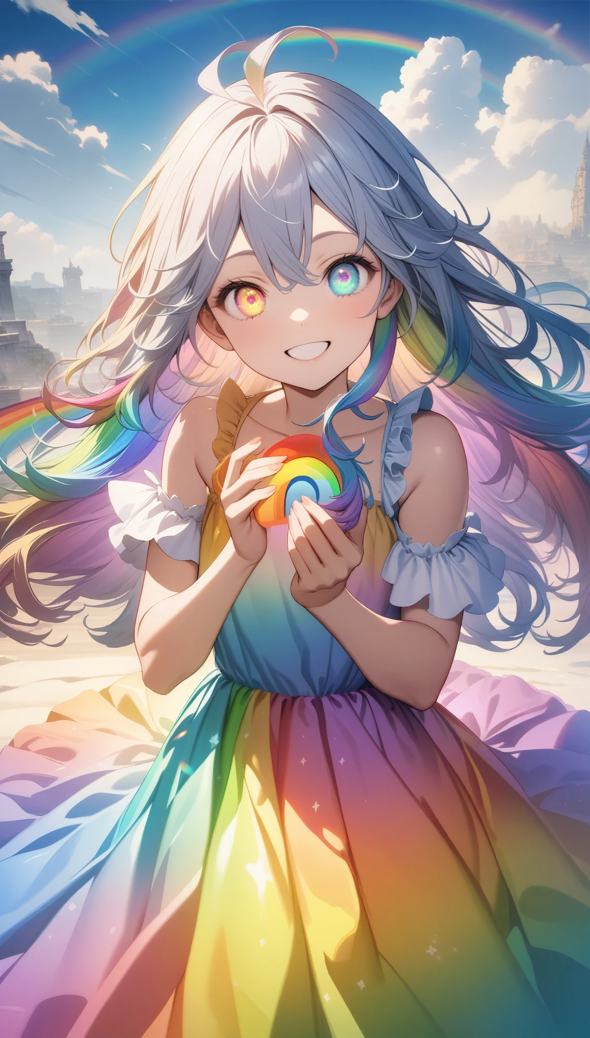 32k, best quality, ultra high res, HDR, UHD, extremely detailed CG, unity 32k wallpaper, (((🌈))), (((masterpiece))), (((best quality))), (((ultra-detailed))), (((illustration))), (((an extremely delicate and beautiful))), (((beautiful eyes))), (((circle rainbow))), girl, (((rainbow dress))), (((happy smile))), (((rainbow long hair))), (((rainbow eyes))),