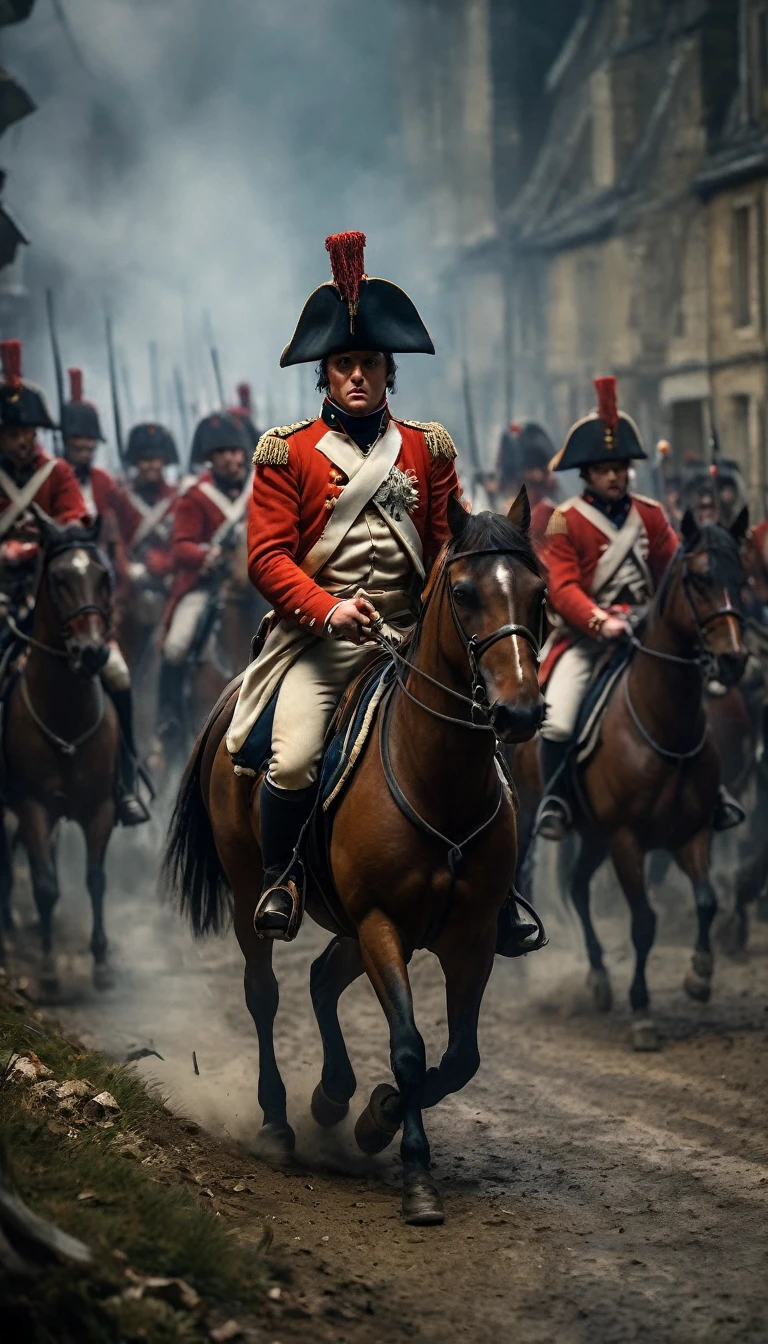 Show the dwindling numbers of Napoleon's army as they retreat, weary and battered from the brutal campaign, background dark, hyper realistic, ultra detailed hyper realistic, photorealistic, Studio Lighting, reflections, dynamic pose, Cinematic, Color Grading, Photography, Shot on 50mm lens, Ultra-Wide Angle, Depth of Field, hyper-detailed, beautifully color, 8k