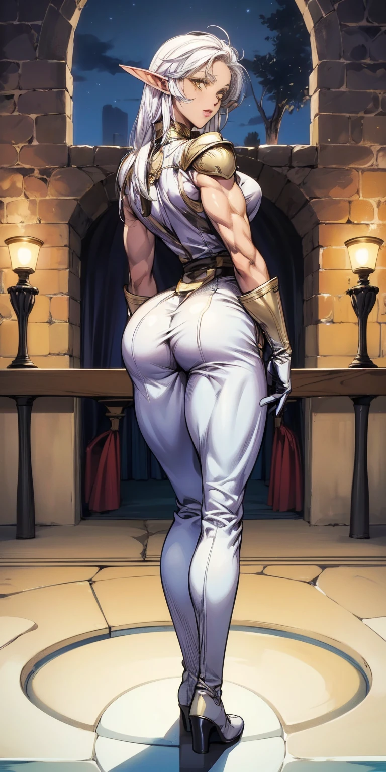 masterpiece, best quality, high quality, 1solo dark black SKIN elf, long hair, white hair, yellow eyes, full body, breastplate, looking at viewer, shiny, armor, thigh highs, high boots, shoulder armor, faulds, poleyn, gloves, gauntlets, (((1 girl))), medium to large breasts, a beautiful and cute lady, standing, (((in the pool at night))), (big muscular ass), {{{wearing armor }}} (thin waist), (incredibly beautiful full body photo, standing, (((bright eyes))), good anatomy, perfect hand muscular legs))), thin waist, muscular abdomen, wearing black high heel shoes, (((with her back to me showing her big shapely ass to me))), grabbing own ass