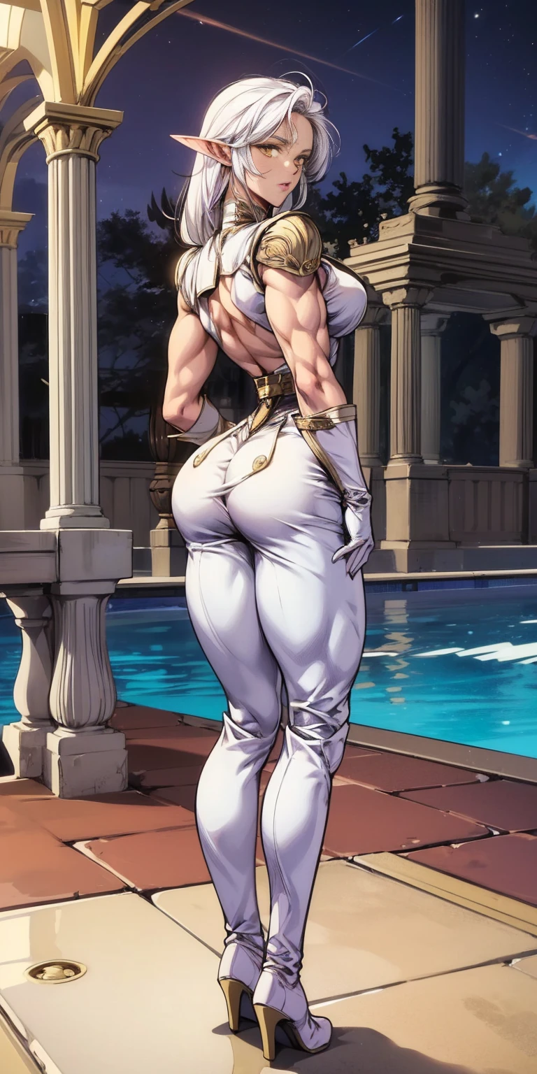 masterpiece, best quality, high quality, 1solo dark black SKIN elf, long hair, white hair, yellow eyes, full body, breastplate, looking at viewer, shiny, armor, thigh highs, high boots, shoulder armor, faulds, poleyn, gloves, gauntlets, (((1 girl))), medium to large breasts, a beautiful and cute lady, standing, (((in the pool at night))), (big muscular ass), {{{wearing armor }}} (thin waist), (incredibly beautiful full body photo, standing, (((bright eyes))), good anatomy, perfect hand muscular legs))), thin waist, muscular abdomen, wearing black high heel shoes, (((with her back to me showing her big shapely ass to me))), grabbing own ass