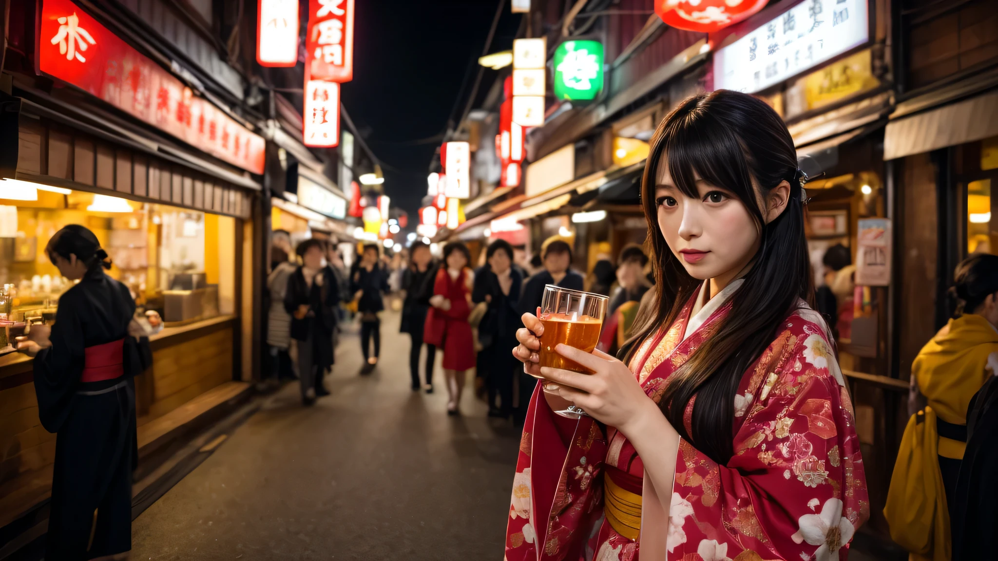 Japanese drinking district、Many red lanterns、Woman in Kimono
