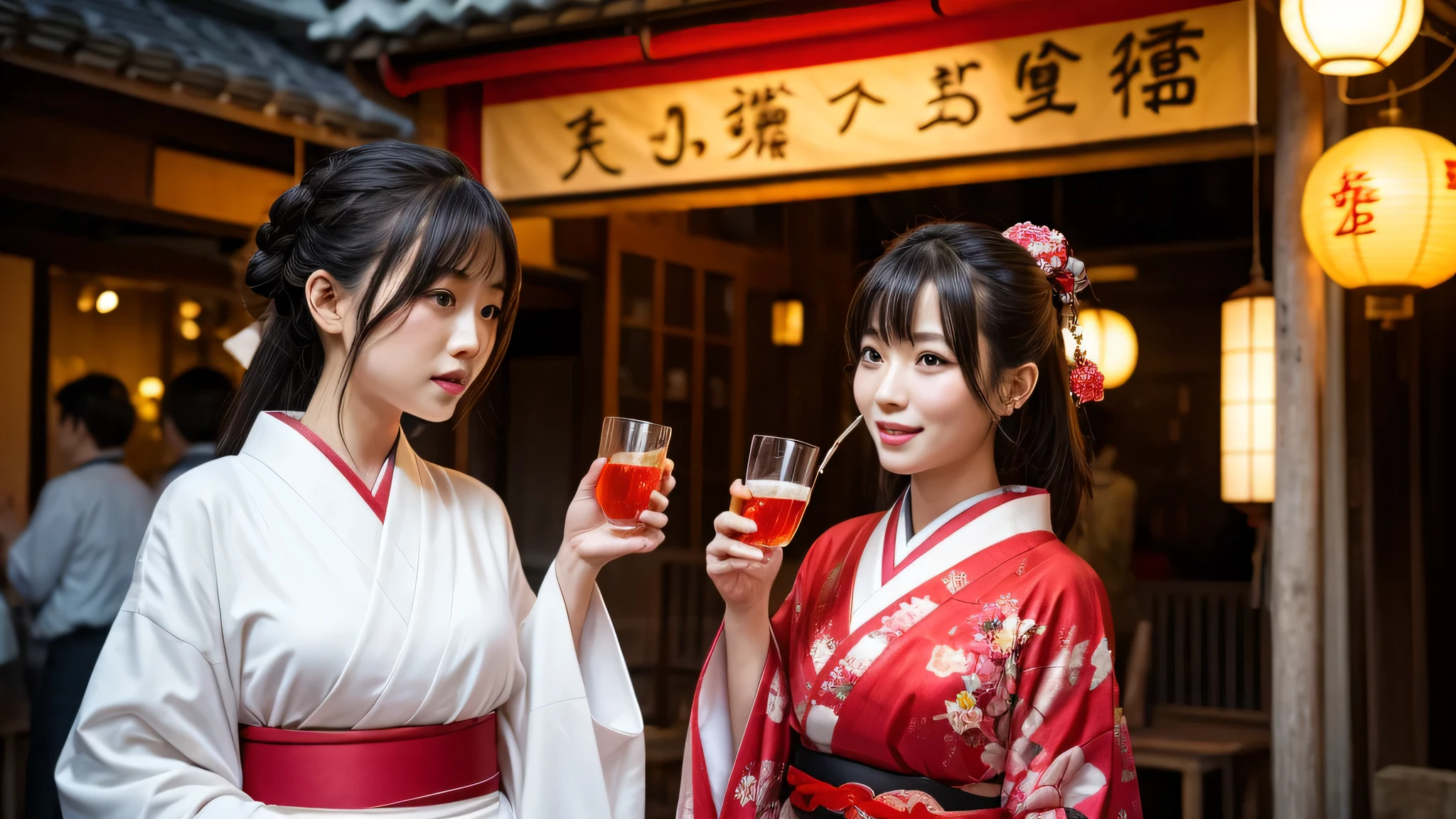 Japanese drinking district、Many red lanterns、Woman in Kimono