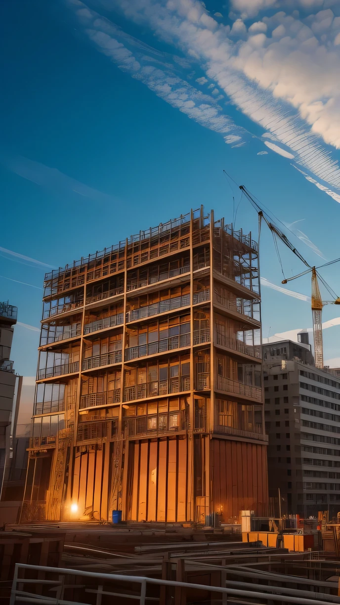 This photograph showcases an exceptionally high level of photography technique. It captures a bustling construction site with many workers, creating a vibrant atmosphere. The background depicts the twilight hour, with the glow of the setting sun casting a golden hue over the buildings. The landscape includes towering structures, scaffolding, and intricate architectural and industrial elements. These buildings are at various stages of construction, displaying their complete architectural forms. Additionally, the presence of numerous workers adds to the dynamic ambiance of the scene.