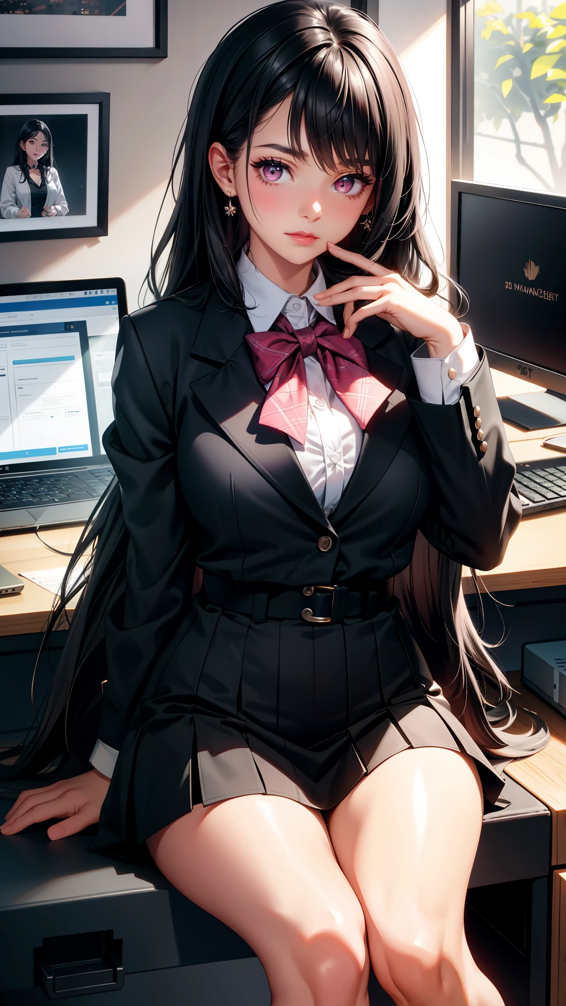 Anime girl sitting on a desk with a laptop and a monitor - SeaArt AI