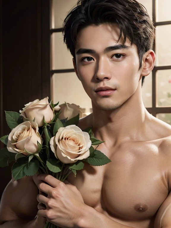 Naked man, holding a bouquet of roses, realistic handsome Japanese face , modest muscles , masterpiece、A high resolution、hyperrealism、detailed face、solo、a men、glowing skin、(Asian)、(young、ager)、Handsome、detailed background、Handsome
