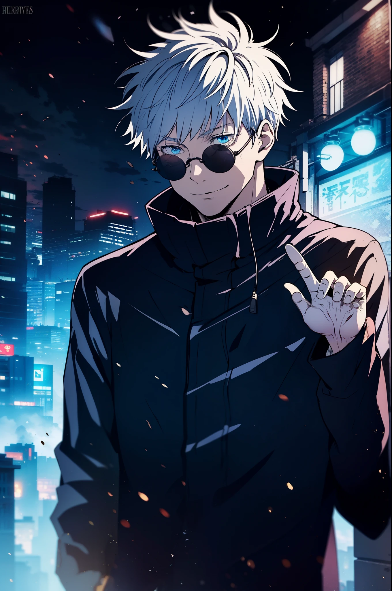 ruined, 1guy, self, epic composition, city ​​street, Japan, deserted street, the night, flashing in the background, Red and blue color, (tmasterpiece, beste-Qualit: 1.2), male focus, 1boy, Gojo Satoru, round eyewear, Sunglasses, hands in pocket, blindfold, black jacket, (Masterpiece:1.3),(Best Quality:1.2),8K,absurdress,Unity 8K WallPapper,(Extremely detailed:1.3),supreme, hight resolution, Amazing, illustartion, Beautiful studio soft light, Stunningly beautiful, incredibly absurdres, Vivid details, Cinematic lighting, moody lighting, pixiv, Award-winning, Professional, Highly detailed, Gojo1, inform, looking a viewer, Smile, Short hair, 1boy, Standing, jacket, white colored hair, male focus,spiked hair, facing viewer, (red background:1.1), high collar, blindfold, (Magic:1.3), (aura:1.3),