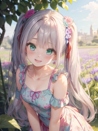 小さなgirl、The arrival of spring、big 、 (alone:1.5,)Super detailed,bright colors, very beautiful detailed anime face and eyes, look straight, ;d, shiny_skin,girl, ((long silver hair,The inner color is red 、forehead is exposed.、green eyes、、shiny hair, delicate beautiful face, blush、(turquoise eyes), White skin, Valletta, earrings,、blue flower field、(((Pink ruffled dress with floral print、purple mini skirt)))、twin tails、smile、smile、Face dyed red