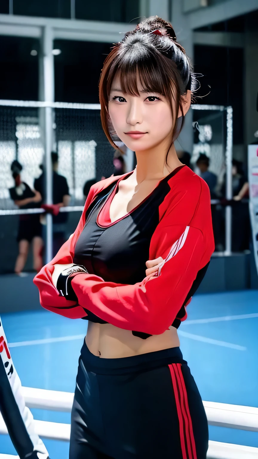 japanese sexy female Mixed Martial Arts red and black sportswear Fighter waiting to start