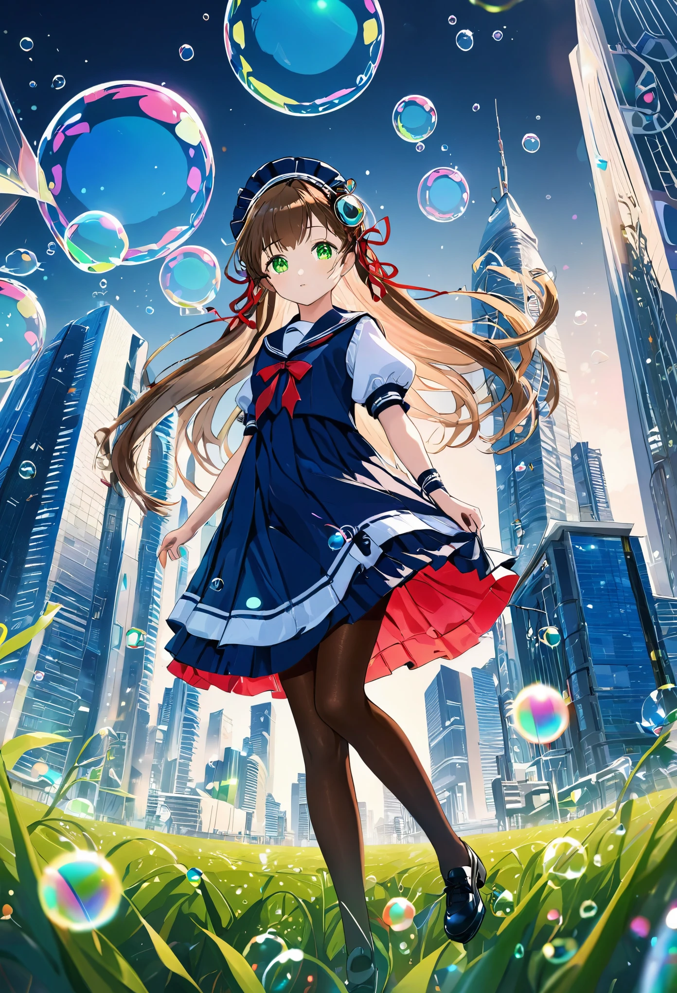 (best quality,4k,highres),ultra-detailed,realistic,portraits, Japaneese school girl, green eyes, long brown hair,anime style,futuristic, Frutiger Aero aesthetic, eco- modernism, bokeh, ribbon headband,small breast,futuristic sailor lolita dress,puffy sleeves,white and blue,colorful lighting, red ribbon, navy blue pantyhose, school shoes, school bag, school crest, floating bubbles, standing in a green field with futuristic skyscrapers in the background, tertiary colors, highly detailed, 4K.