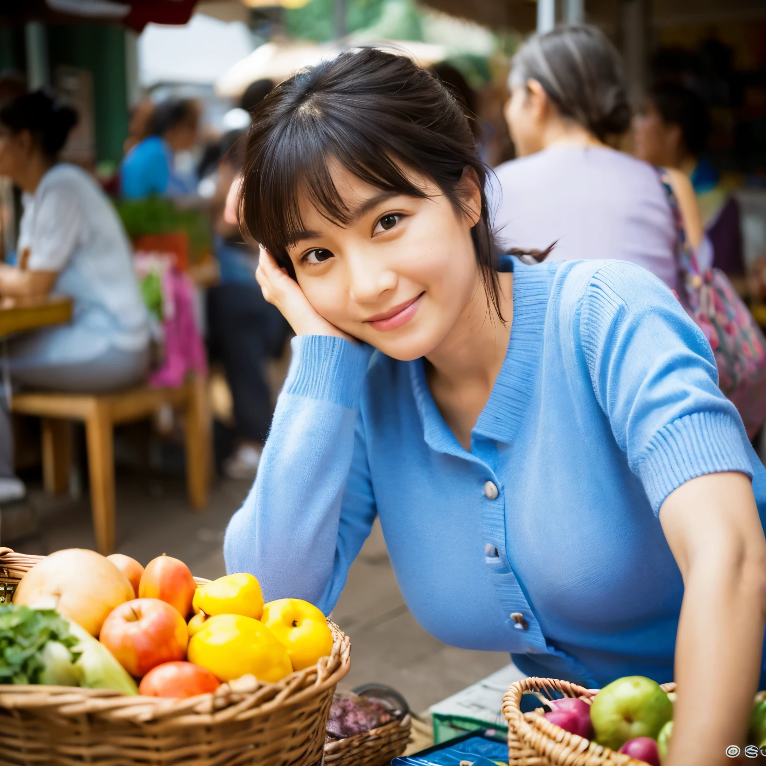 ((highest quality, table top :1.3)), sharp focus :1.2, A typical mature woman, 35 years old, ((knit shirt)), browse down, ((leaning forward)), (small breasts), (smile:1.2), Highly detailed face and skin texture, fine eyes, (round face:1.4), Shopping at the morning market 1.5、Photographing the whole body from a distance 2.0