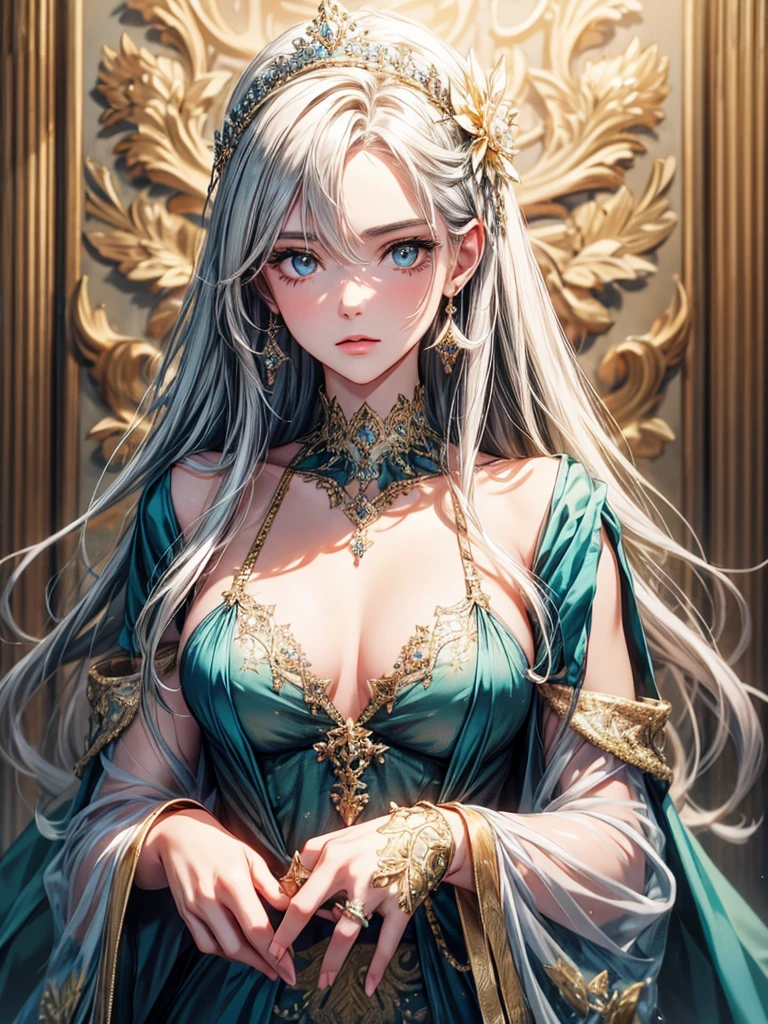 (best quality, high resolution, masterpiece:1.2), Super detailed, Beautiful and delicate lake green eyes, Beautiful and delicate lips, extremely detailed face, super long hair, 1 girl, royal members, Beautiful girl with golden beige hair, (Wearing a royal blue royal costume), see-through chiffon platinum shawl, (gold ornaments), golden and silver pattern, (light blue pattern), (complex pattern:0.5), Lovely, attractive, portrait, delicate eyes, Luminous earrings, Reflective pupil, royal clothing design, see-through detail clothing design, (empty:0.7), chiffon, (see-through chiffon), (lace:0.7), black gloves, Diamond choker, Diamond ring, Diamond hairpin, medieval european castle, Super high quality skin, Real skin texture, super high detail, anime, Realism, 8K, UHD, ccurate