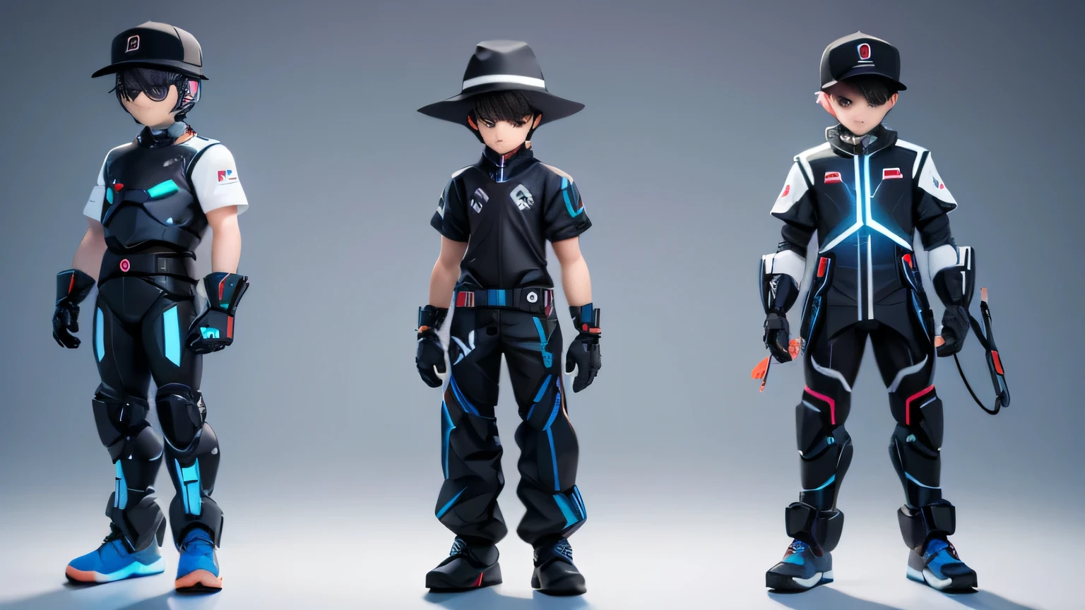 Based on modern artificial intelligence，Three separate tech boys wearing the same clothes，Three View，with hat，Technologically sensible dress-up，solid color background，short sleeves，stand，Three View，complete hand，perfect face，masterpiece，more details，C4D style