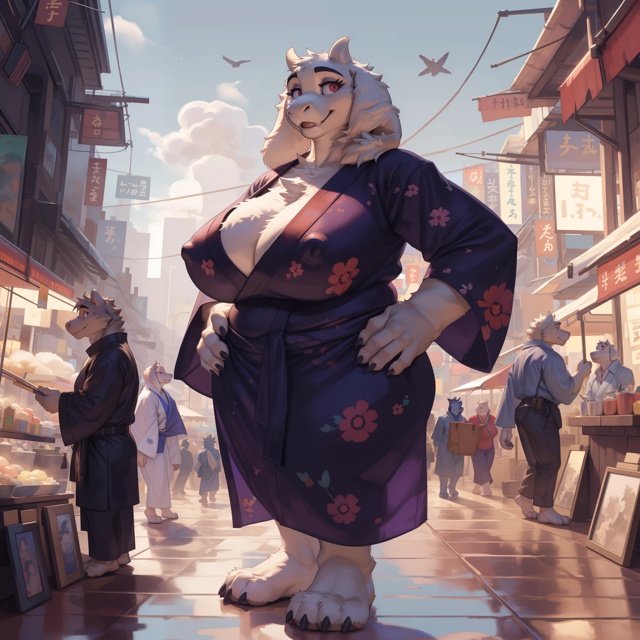 uploaded on e621, toriel, white fur, dark red eyes, bodybuilder, ((huge breasts:1.2)), (broad shoulders, thick arms, thick thighs, chunky, muscular legs, massive breasts), (highly detailed eyes), bare midriff, (nipple outline:0.85), large areolae, highly detailed crotch, absurd res, highly detailed, cinematic lighting, perfect face, perfect eyes, perfect hands, (carefully drawn hands), masterpiece, best quality, 4k, 2k, shaded, (high detail:1.3), (unreal engine:1.1), by darkgem, by meesh, by kevinsano, (chubby:1.2), fat, bbw, huge front teeth, four toes, cute smile, standing upright, tokyo city, crowded market, (figures in background:1.4), (crowded:1.3), hands on hips, yukata, bare feet, four toes,