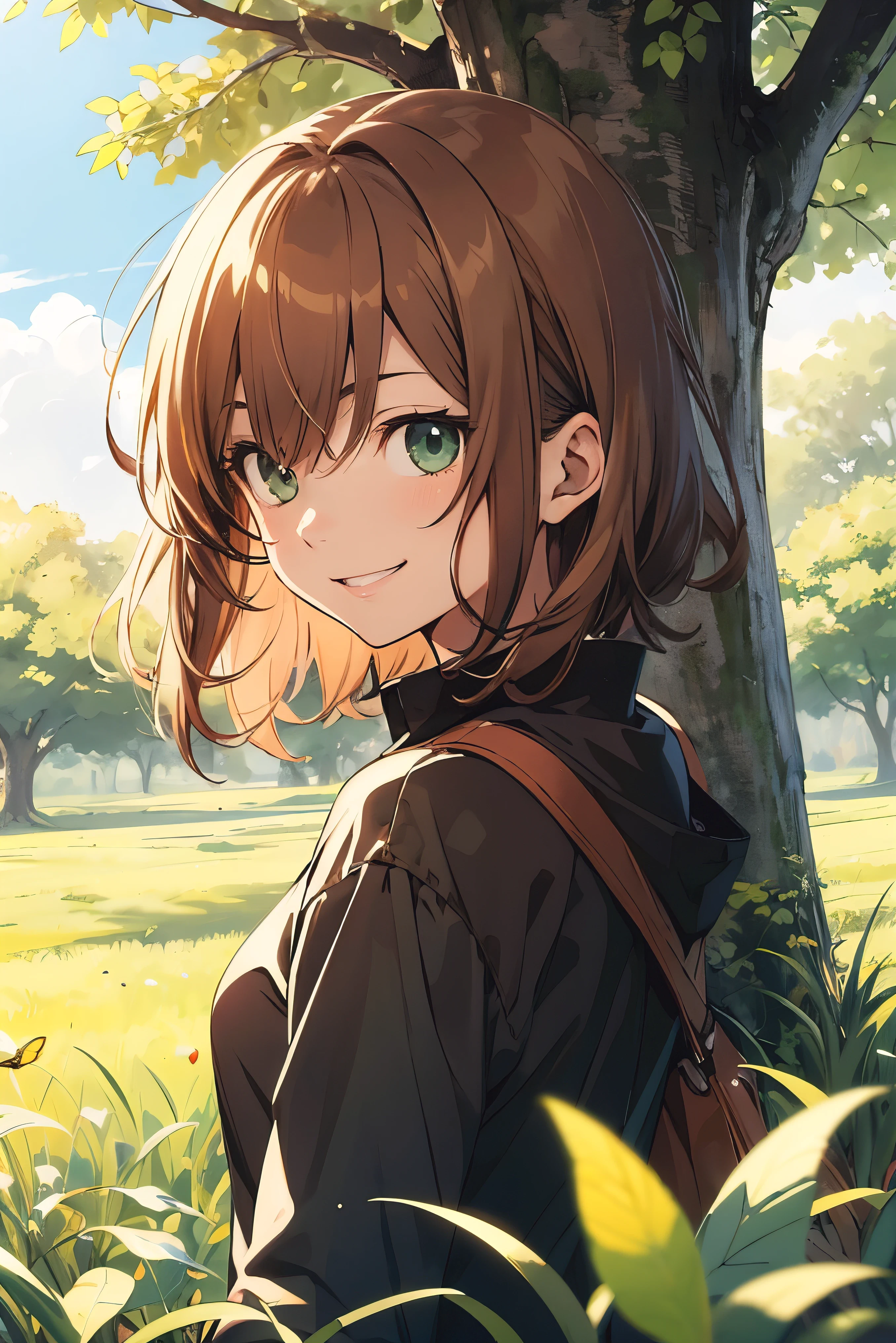 Draw me Haibara's face from the anime Detective Conan, Smiling in the green fields, With a butterfly and a tree on the left side, painting, Drawing anime