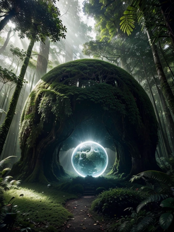 [[Adjectives describing the overall feel]] Majestic and Awe-Inspiring

depiction of  A giant, perfectly smooth sphere, made of polished obsidian, nestled within a lush rainforest clearing. Sunlight filters through the canopy, casting a dappled light on the sphere's surface. Moss and vines creep up its sides, blurring the line between nature and geometry.

This is a  Fantasy-inspired image showcasing** the natural world encountering a mysterious geometric form.

The environment/background should be  A lush rainforest with towering trees, thick vegetation, and a cascading waterfall in the background.

to create an  Atmosphere of awe and mystery.

The image should be in the style of a  Digital painting, incorporating elements of** dramatic lighting and soft textures** with a focus on** the giant sphere and its interaction with the rainforest environment.

The [Camera shot type]  Medium shot, captured with a** normal lens** will showcase** the sphere in relation to the surrounding rainforest.

The lighting should be a combination of  Sunlight filtering through the leaves and a soft, bioluminescent glow emanating from the sphere's core** creating an**  Ethereal and mysterious** atmosphere.

The desired level of detail is High** with a** 4k** resolution, highlighting the details of** the sphere's polished surface, the textures of the rainforest environment, and the interaction between the two.

The goal is to create a  Spellbinding image that captivates viewers with its** sense of wonder and the mystery of the giant geometric shape within the natural world.