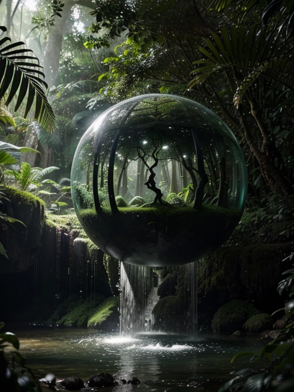 [[Adjectives describing the overall feel]] Majestic and Awe-Inspiring

depiction of  A giant, perfectly smooth sphere, made of polished obsidian, nestled within a lush rainforest clearing. Sunlight filters through the canopy, casting a dappled light on the sphere's surface. Moss and vines creep up its sides, blurring the line between nature and geometry.

This is a  Fantasy-inspired image showcasing** the natural world encountering a mysterious geometric form.

The environment/background should be  A lush rainforest with towering trees, thick vegetation, and a cascading waterfall in the background.

to create an  Atmosphere of awe and mystery.

The image should be in the style of a  Digital painting, incorporating elements of** dramatic lighting and soft textures** with a focus on** the giant sphere and its interaction with the rainforest environment.

The [Camera shot type]  Medium shot, captured with a** normal lens** will showcase** the sphere in relation to the surrounding rainforest.

The lighting should be a combination of  Sunlight filtering through the leaves and a soft, bioluminescent glow emanating from the sphere's core** creating an**  Ethereal and mysterious** atmosphere.

The desired level of detail is High** with a** 4k** resolution, highlighting the details of** the sphere's polished surface, the textures of the rainforest environment, and the interaction between the two.

The goal is to create a  Spellbinding image that captivates viewers with its** sense of wonder and the mystery of the giant geometric shape within the natural world.